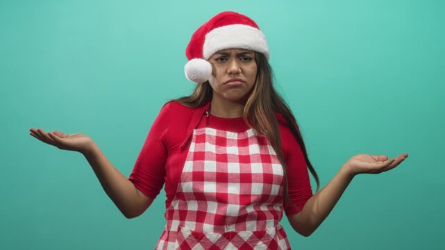 Woman in santa hat and red check apron shrugs hands palms up with a pout and shoulder raise in studio, repeating unsure gesture; holiday frustration.