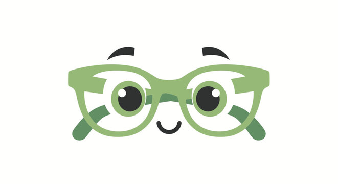 Cute cartoon glasses character smiling with big eyes, white background