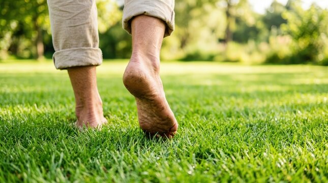 Person walking barefoot on lush green grass in sunny park, emphasizing natural connection, freedom, and simple joys of outdoor healthy living.