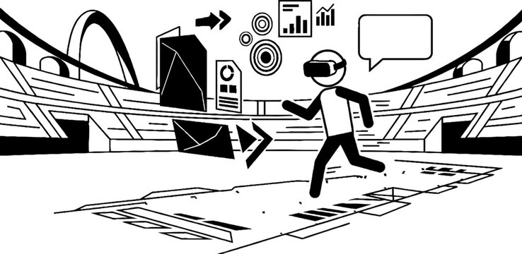 Stick figure running in virtual reality stadium with digital interface