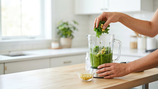 Person's hand adding fresh organic kale and chopped ginger to bl
