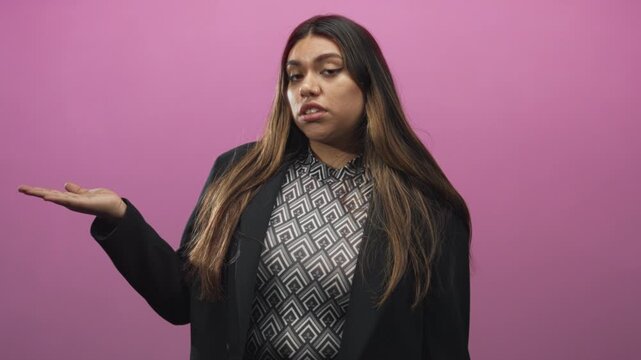 Woman holding palm up and shrugging in studio with pink backdrop and patterned blouse; uncertainty choice.