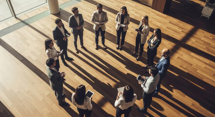 Obraz premium A diverse group of professionals stands in a circle on a wooden floor, engaged in a discussion or meeting.