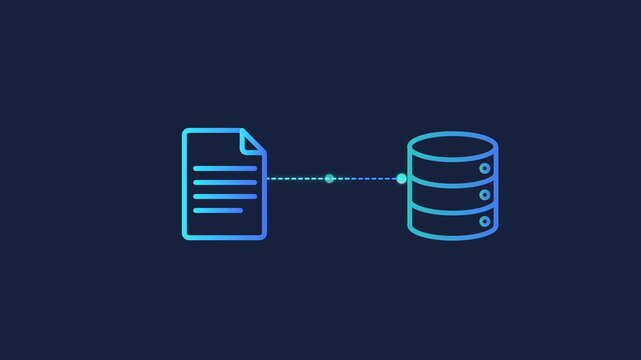 Animated motion graphics showing a document or file icon connecting to a database cylinder via a steady line. Concept of system log storage, archiving data files, and server database entries