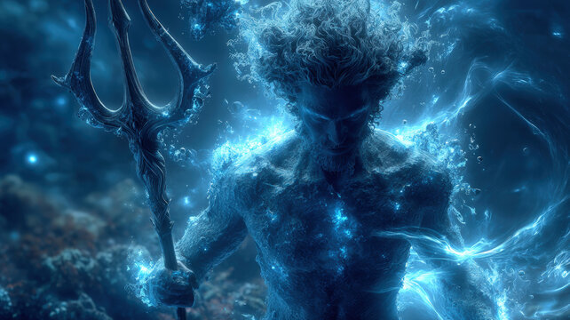 Greek mythology sea god Poseidon. Fantasy. A vivid, ethereal depiction of a muscular male figure, likely a deity or mythological figure, surrounded by swirling blue water.