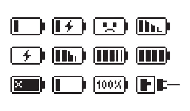 Set of pixel art battery icons representing different charging states on transparent background.
