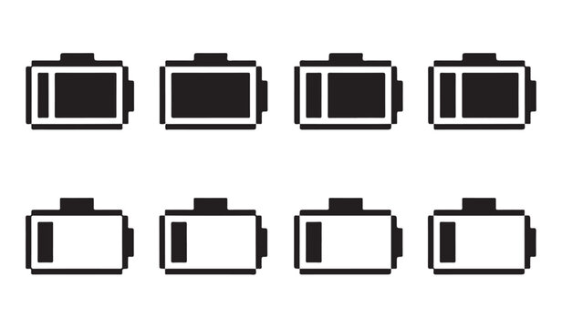 Horizontal battery charge indicator icons set. different level battery full power, low power.
