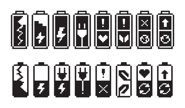 Pixel art battery set featuring status indicators for energy health and connectivity modes.
