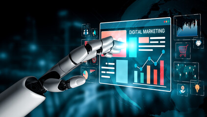 Fototapeta na wymiar AI drives digital marketing and online ads with smart targeting, content automation, and ROI tracking for business growth. Artificial intelligence spline