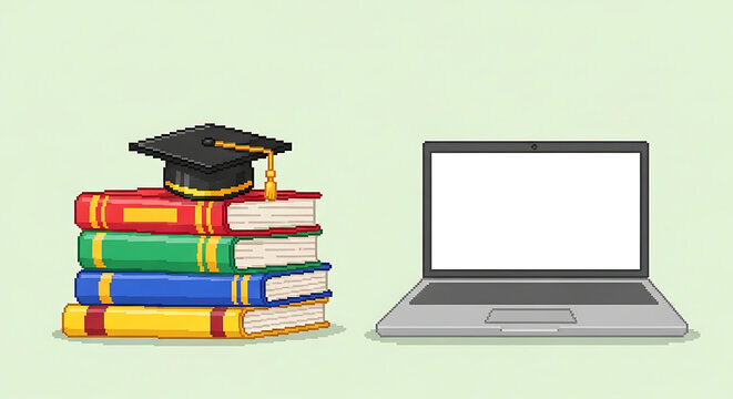 Graduation cap on stack books laptop.