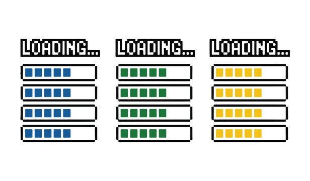 Pixel art loading bar set with blue, green, and yellow progress indicators.