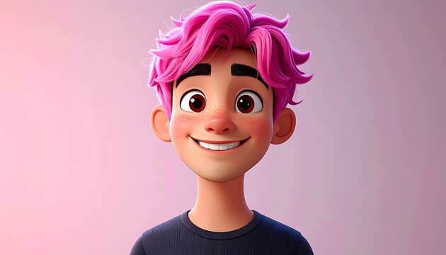 A 3D cartoon boy with pink hair and a big smile
