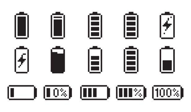 Horizontal and vertical battery icons with charging lightning bolt and percentage indicators.