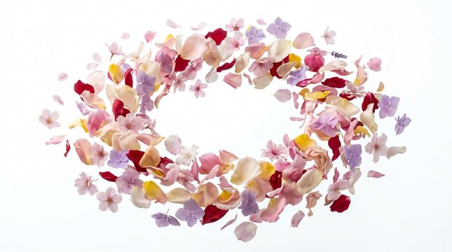 A captivating vortex of colorful flower petals gracefully suspended in air, forming an enchanting natural wreath of ephemeral beauty and joy