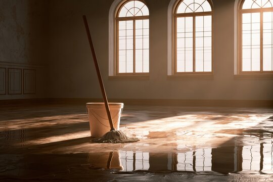 Cleaning mop and bucket on wet floor in sunlit classic interior with arched windows and cinematic lighting for facility management marketing