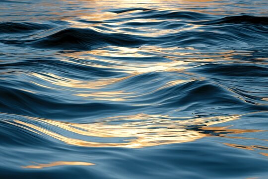 Ocean water surface with golden sunset reflections and gentle ripples in a telephoto shot for travel and wellness marketing