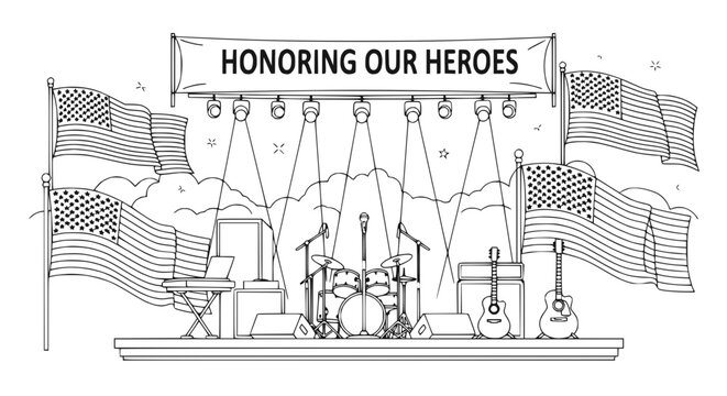 Honoring Our Heroes Stage with American Flags, Musical Instruments, and Lights