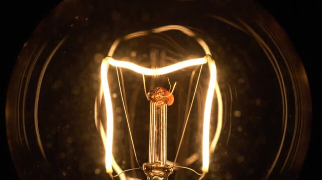Close-up of a glowing incandescent light bulb filament demonstrating illumination against a dark background.