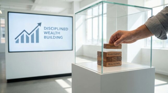 Person's hand placing a block of wood into a display case as a metaphor for disciplined wealth building strategy