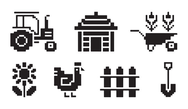 Pixel art farm icons with tractor shed wheelbarrow flower chicken and wooden fence setup.