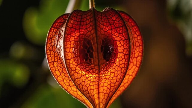 Close-up of a vibrant orange lantern flower, backlit showcasing the intricate delicate veined structure on a dark blurred background