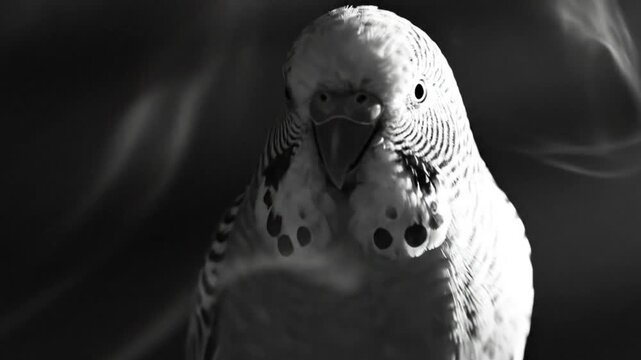 Black and White Portrait of a Budgerigar Parakeet Perched, Illuminated, with Dramatic Lighting and Artistic Smoke Effects