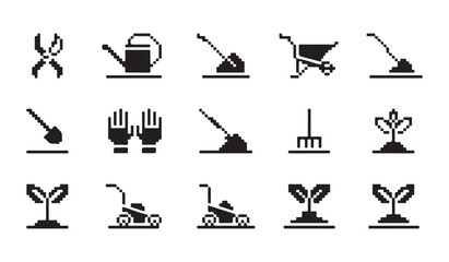 Garden tools set includes hand pruner watering can shovel wheelbarrow and other gardening equipment. © VANU