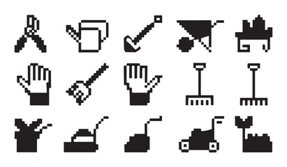 Pixel art garden tools set features hand pruner watering can shovel wheelbarrow and other items. © VANU