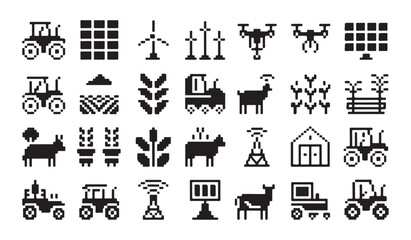 Agricultural technology pixel icons including heavy machinery drones livestock and solar power. © VANU