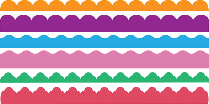 Scalloped edge seamless set. borders and dividers. Simple scalloped border. Repeat cute vintage frill ornament. Texture ribbons. Vector illustration isolated on white background.