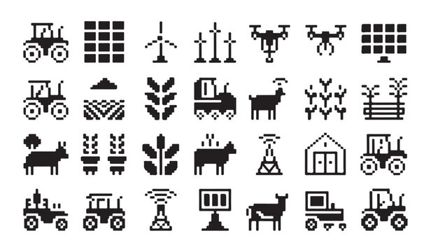 Agricultural technology pixel icons including heavy machinery drones livestock and solar power.