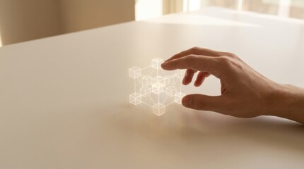Obraz premium Person's hand gently touching a white object illustrating the concept of artificial intelligence in economic transformation
