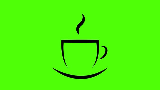 Black coffee cup line animation on green screen. Minimalist hot tea or coffee mug icon with steam for cafe overlays and chroma key video editing.