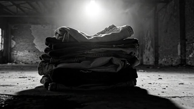 Dramatic black and white close-up shot of a stack of folded jeans illuminated by a single light in an abandoned warehouse.