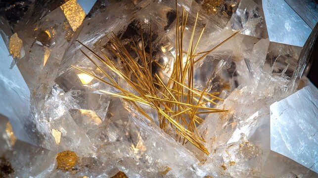 Macro photograph of luxury gold rutilated quartz crystal, elegant clear mineral with golden needle textures