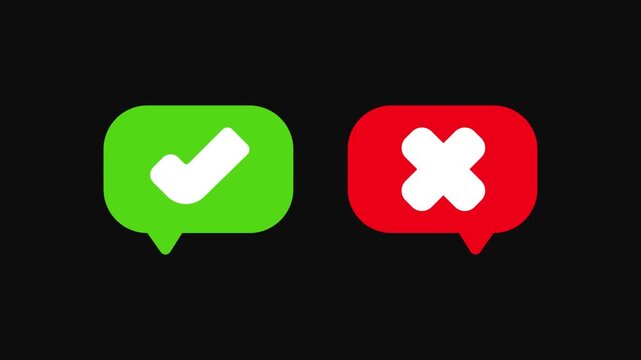 Pop up green check mark and red cross icons symbol animaion on black background. Check box with right and wrong buttons