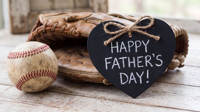 Rustic baseball glove and ball with a heart shaped chalkboard sign saying 'happy father's day' tied with twine set on weathered wooden planks evoking nostalgia and a celebratory