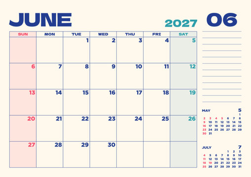 2027年卓上カレンダー：6月、日本の祝日入り、日曜始まり