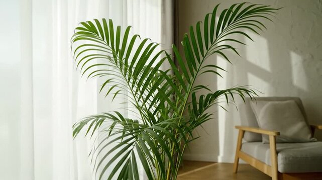 Lush Areca Palm Plant in a Brightly Lit Room with Armchair.