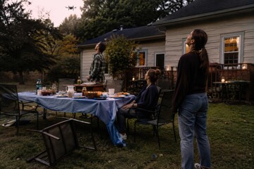 Fototapeta premium Group of friends enjoying outdoor dinner party at backyard during sunset