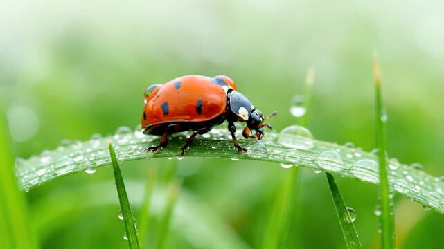 Macro shot of a ladybug on a dewy blade of grass.