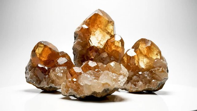 Beautiful close up of citrine crystals in cluster formation on reflective surface, gem and mineral composition
