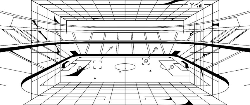 Digital wireframe of a stadium and sports field