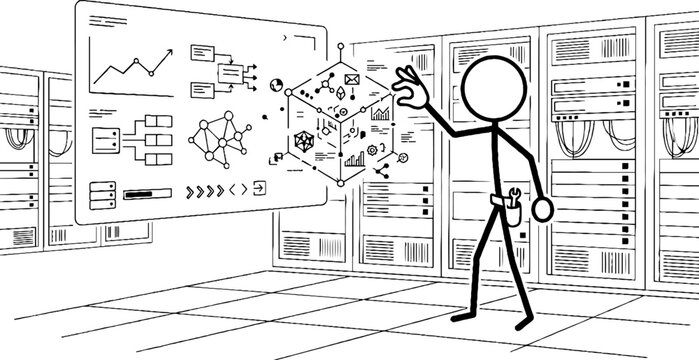 Stick figure technician managing data in server room environment