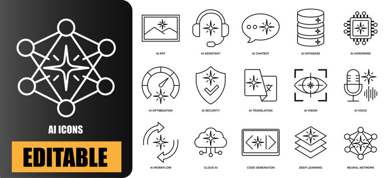 Thin Line Artificial Intelligence and Machine Learning Icons. Editable Stroke AI Outline Vector Set for Tech UI.