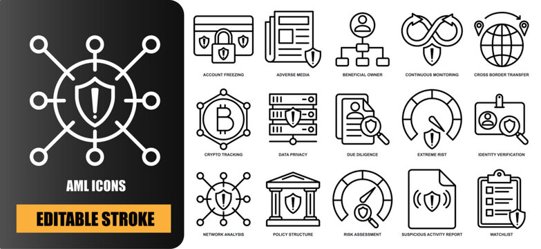 template-set-line copyAML and KYC Compliance Editable Stroke Vector Icon Set. Anti-Money Laundering, Fraud Prevention, and Financial Security Outlines.