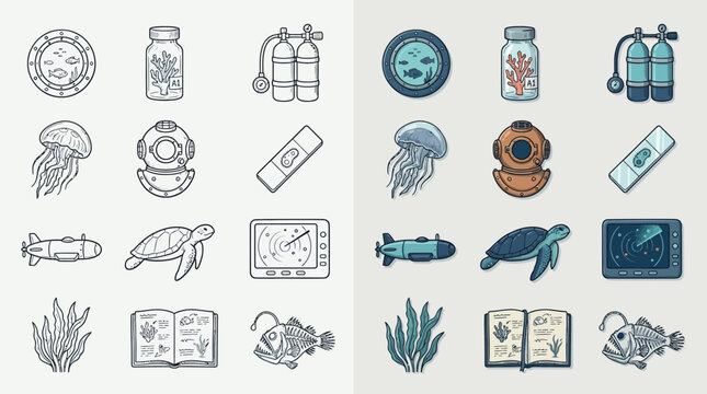 Collection of marine life and diving equipment icons, both in outline and color versions.