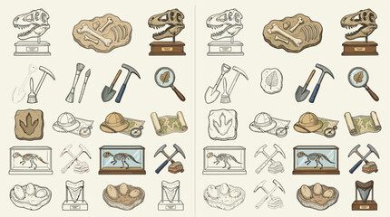 Collection of dinosaur fossils and paleontological excavation tools and artifacts. © renender