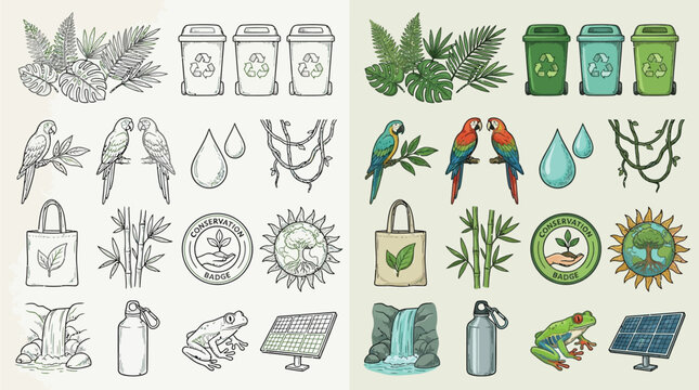 Set of icons representing environmental protection and nature conservation with colorful and sketch versions.