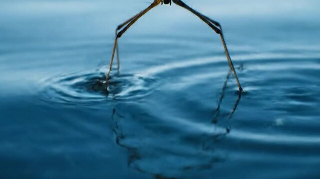Macro shot of a water strider insect on the surface of blue water.
